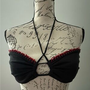 Vintage DKNY Separates - Black Halter Bikini Top with Red Stitching and Beads
